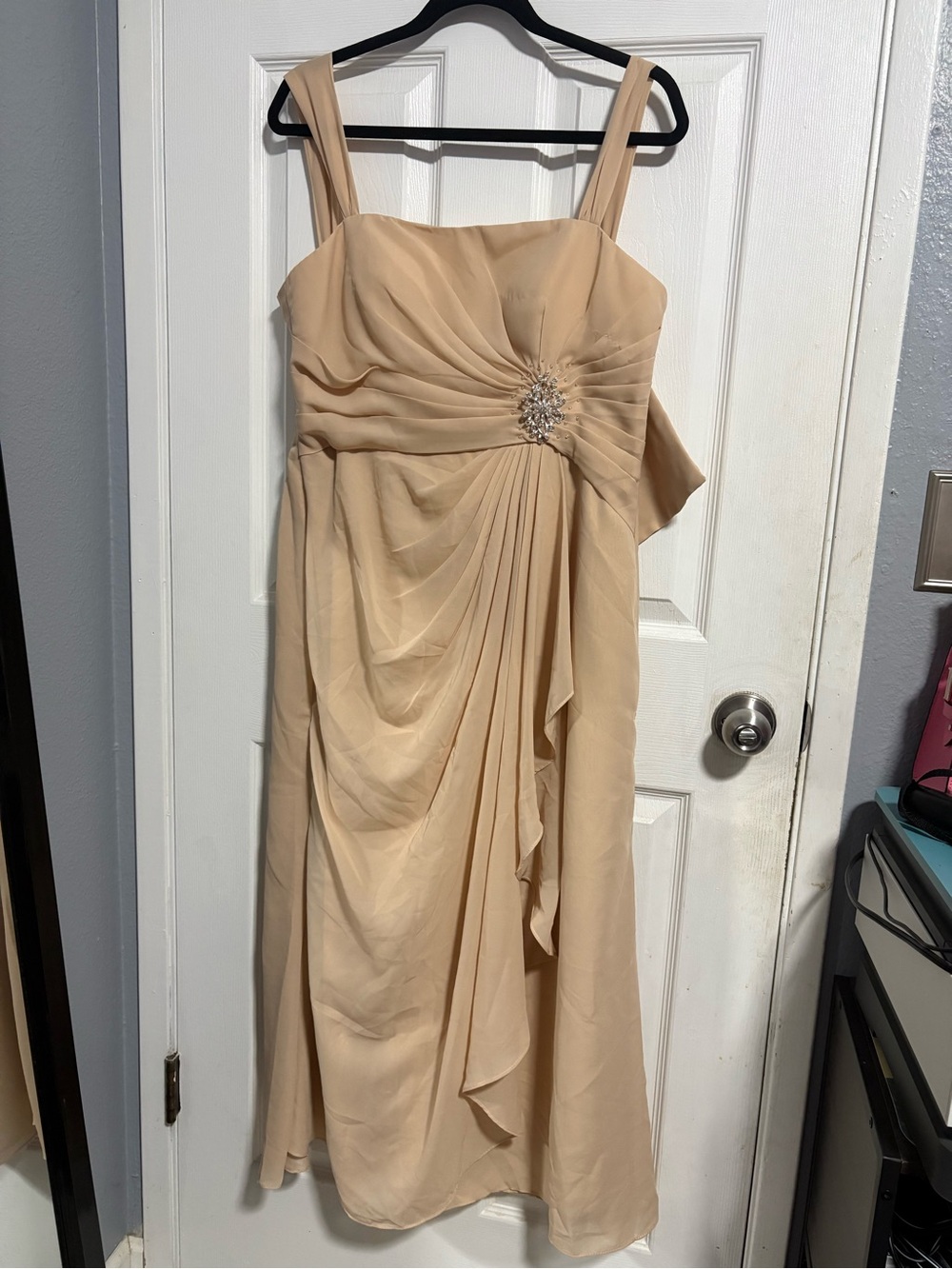 Chiffon Midi Dress with Beaded Waist in Beige